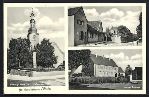 AK Gr. Niedesheim /Pfalz, Beindersheimer Strasse mit Pfarrhaus, Neue Schule, Evangelische Kirche