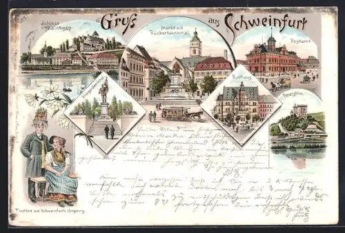 Lithographie Schweinfurt, Markt mit Rückertdenkmal & Pferdebahn, Paar in Tracht
