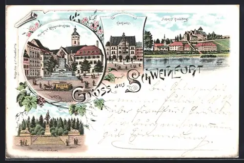 Lithographie Schweinfurt, Schloss Mainberg, Rathaus und Markt mit Rückertdenkmal