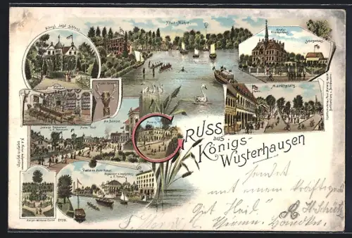 Lithographie Königs-Wusterhausen, Restaurant zum Jagdschloss, Neue Mühle, Marwitz, Partie am Notte Kanal