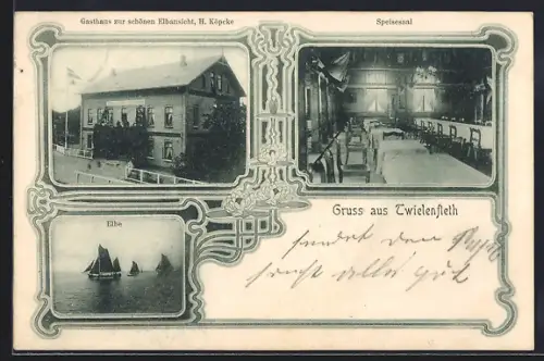 AK Twielenfleth, Gasthaus zur schönen Elbansicht, Bes. H. Köpcke, Speisesaal und Elbe