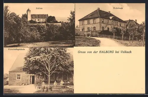 AK Volkach, Schloss Halburg, Wohnhaus und Wirtschaftsgebäude