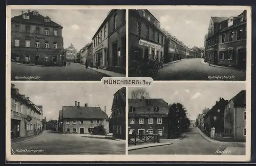 AK Münchberg i. Bay., Kulmbacherstrasse mit Gasthaus, Karlstrasse