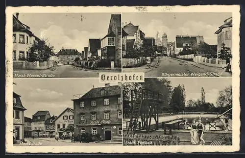 AK Gerolzhofen, Hotel Stern in der Marktstrasse, Strasse, Bürgermeister Weigand-Strasse, Freibad