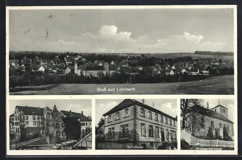 AK Lohrbach, Schulhaus, Schloss, Kriegerdenkmal und Totalansicht