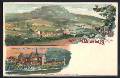 Lithographie Hofbieber, Gasthaus zum Bahnhof Milseburg, Fernblick zur Ortschaft