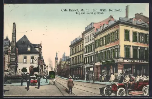 AK Mainz, Café Bristol, Inh. Wilh. Reinhold, Strassenbahn
