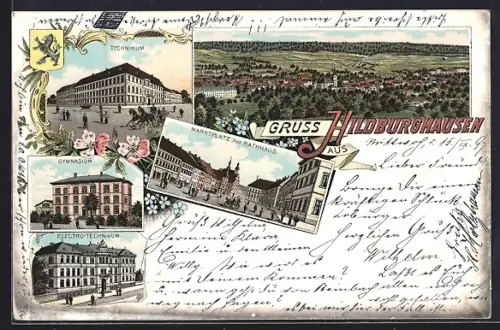 Lithographie Hildburghausen, Technikum, Gymnasium, Marktplatz mit Rathaus