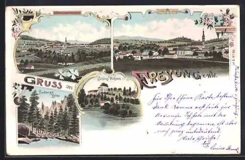 Lithographie Freyung v. Wld., Buchberger Leithe, Schloss Wolfstein