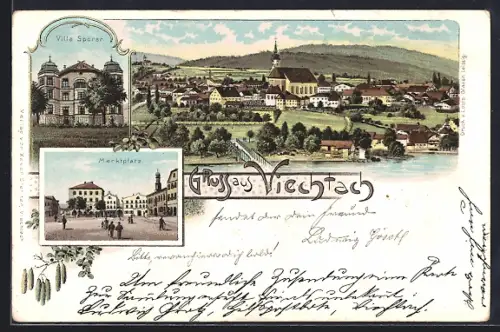 Lithographie Viechtach, Teilansicht mit Kirche, Villa Sporen, Marktplatz