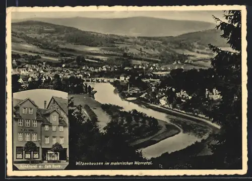 AK Witzenhausen im Werratal, Konditorei u. Cafe Bork, Flusspartie mit Brücke