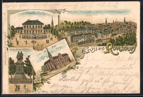 Lithographie Ronsdorf, Rathaus, Post, Kaiser-Krieger-Denkmal