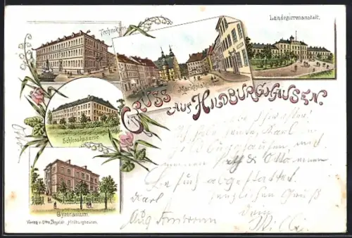 Lithographie Hildburghausen, Landesirrenanstalt, Technikum, Schlosskaserne