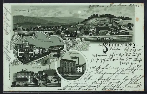 Mondschein-Lithographie Simmerberg, Marktplatz, Neue Actionbräuerei, Strassenpartie