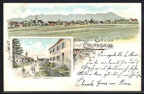 Lithographie Ebersbach / Obergünzburg, Strassenpartie an der Schule