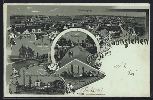 Mondschein-Lithographie Haunstetten / Augsburg, Martinis Villa, Bergmüllersche Kunstmühle