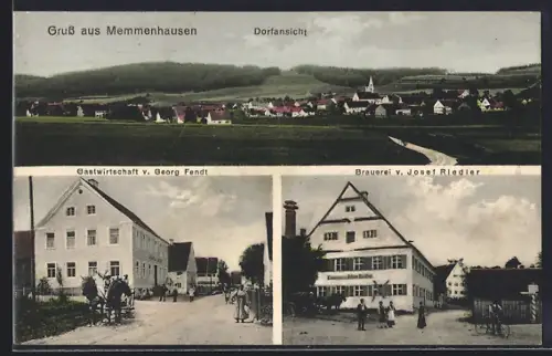 AK Memmenhausen, Gasthof v. Georg Fendt, Brauerei v. Josef Riedler, Dorfansicht