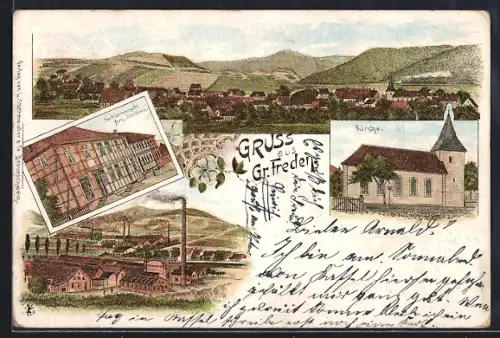Lithographie Gr. Freden, Kaufmanngeschäft Aug. Jördens, Fabrik, Kirche