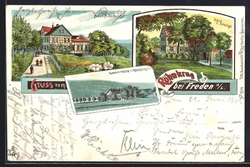 Lithographie Freden a. L., Gasthof Röhnkrug, Haus C. Schulze, Haus H. Schulze