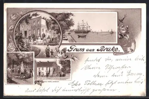 Lithographie Brake / Weser, Ortsansichten, Segelschiff, Geschäft Willy Hoehl