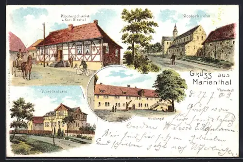 Lithographie Mariental / Helmstedt, Gasthof Klosterschänke v. Karl Bischof, Oberförsterei, Klosterkirche