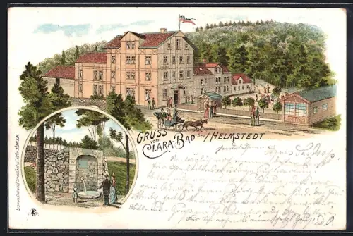 Lithographie Helmstedt, Gasthaus Clara-Bad mit Besuchern