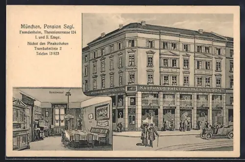 AK München, Hotel-Pension Segl, Theresienstrasse 124, Kaufhaus Philipp Mendelson