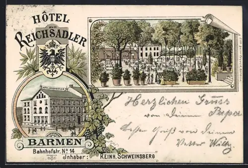 Lithographie Barmen, Hotel zum Reichsadler v. R. Schweinsberg, Bahnhofstrasse 14, Pferdekutsche