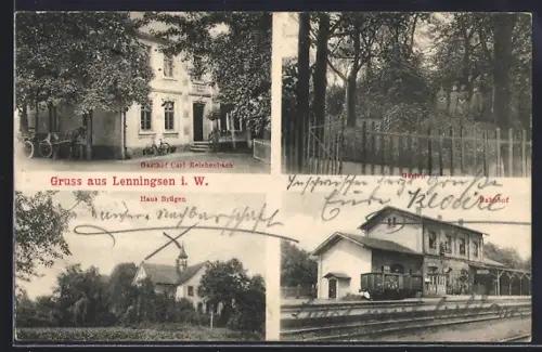 AK Lenningsen i. W., Gasthof Carl Reichenbach, Bahnhof, Garten, Haus Brügen