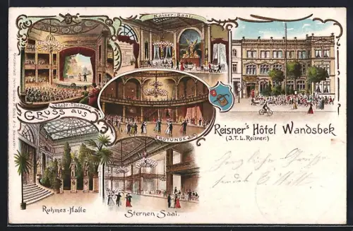 Lithographie Hamburg-Wandsbek, Reisner`s Hotel, Innenansichten Kaiser-Saal und Sternen-Saal