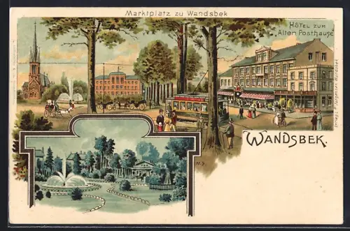 Lithographie Hamburg-Wandsbek, Hotel zum Alten Posthaus, Marktplatz mit Strassenbahn