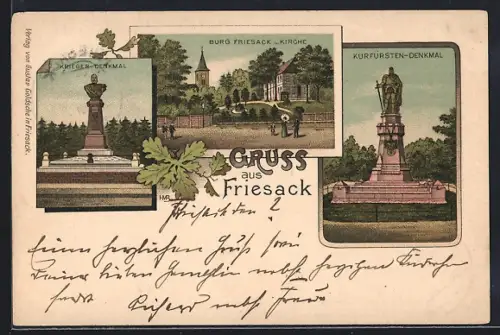 Lithographie Friesack, Krieger-Denkmal, Kurfürsten-Denkmal, Burg