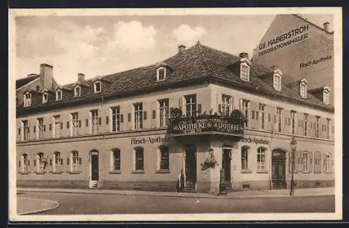 AK Karlsruhe, Hirsch-Apotheke von H. Löwenstein, Gg. Haberstroh Dekorationsmaler