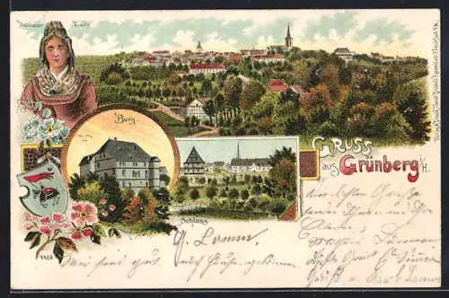 Lithographie Grünberg i. H., Burg, Schloss, Rabenauer Tracht, Wappen