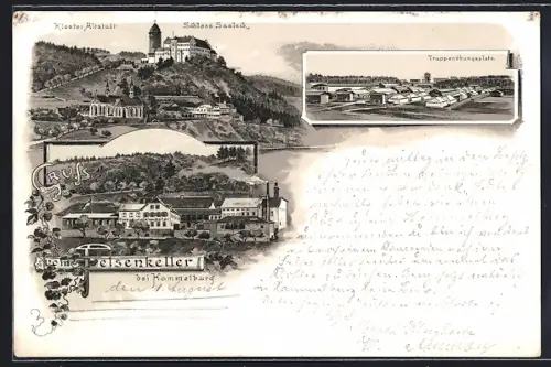 Lithographie Hammelburg, Gasthof Felsenkeller, Truppenübungsplatz, Schloss Saaleck, Kloster Altstadt