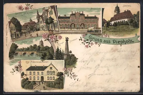 Lithographie Diepholz, Bahnhof, Schloss, Lohnebrücke, Kgl. Präparandenanstalt