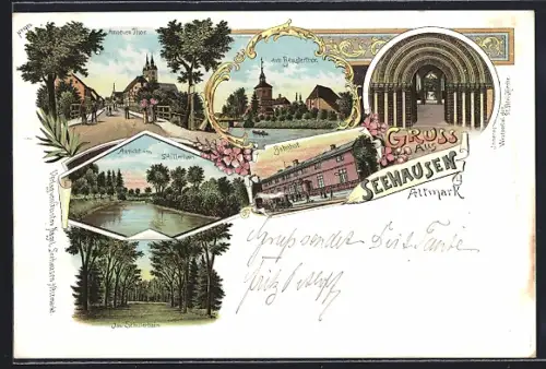 Lithographie Seehausen i. d. Altmark, Inneres Westportal der St. Petri-Kirche, Bahnhof und Ansicht im Schillerhain