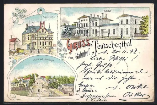 Lithographie Teutschenthal, Bahnhof, Postgebäude, Strasse nach Langenbogen