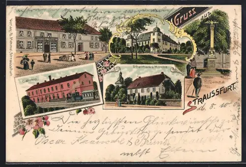Lithographie Straussfurt, Bahnhof, Pfarrhaus u. Kirche