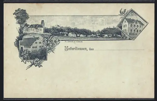 Künstler-AK Unterdiessen, Totalansicht, Pfarrhaus
