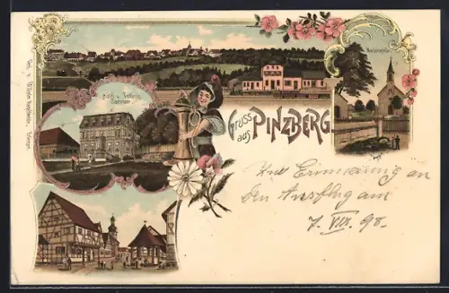 Lithographie Pinzberg, Hotel und Terrasse Zametzer, Mariakapelle, Teilansicht mit Bahnhof