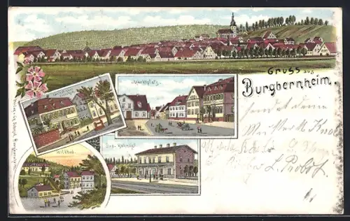 Lithographie Burgbernheim, Gasthof zum Hirschen, Marktplatz, Süd-Bahnhof