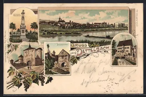 Lithographie Dettelbach, Kriegerdenkmal, Foltertor, Brückertor, Rathaus