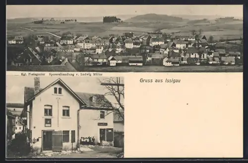 AK Issigau, Ortsansicht, Kgl. Postagentur, Spezereihandlung von Ludwig Müller