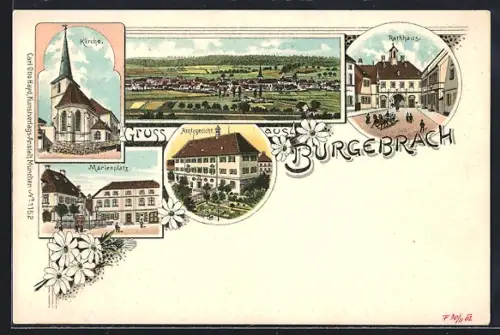 Lithographie Burgebrach, Amtsgericht, Marienplatz, Kirche