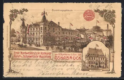 Künstler-AK Osnabrück, Kochkunst-Ausstellung 1906, Rathaus, Ausstellungsgebäude