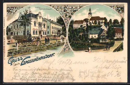 Lithographie Grossröhrsdorf, Gasthaus zum Anker von Hermann Gnauck, Kirche