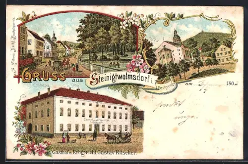Lithographie Steinigtwolmsdorf i. Sachsen, Gasthof u. Erbgericht, Inh. Gustav Ritscher