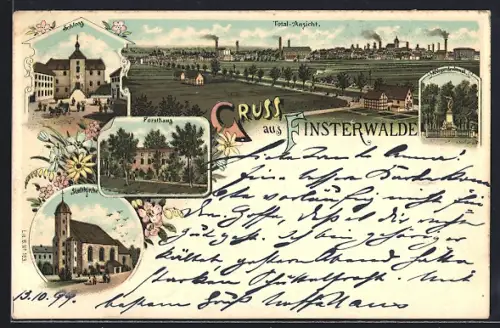 Lithographie Finsterwalde, Totalansicht, Forsthaus, Schloss, Stadtkirche