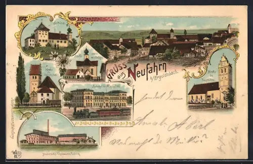 Lithographie Neufahrn i. Ergoldsbach, Bahnhof, Houzer`sche Thonwarenfabrik, Kirche